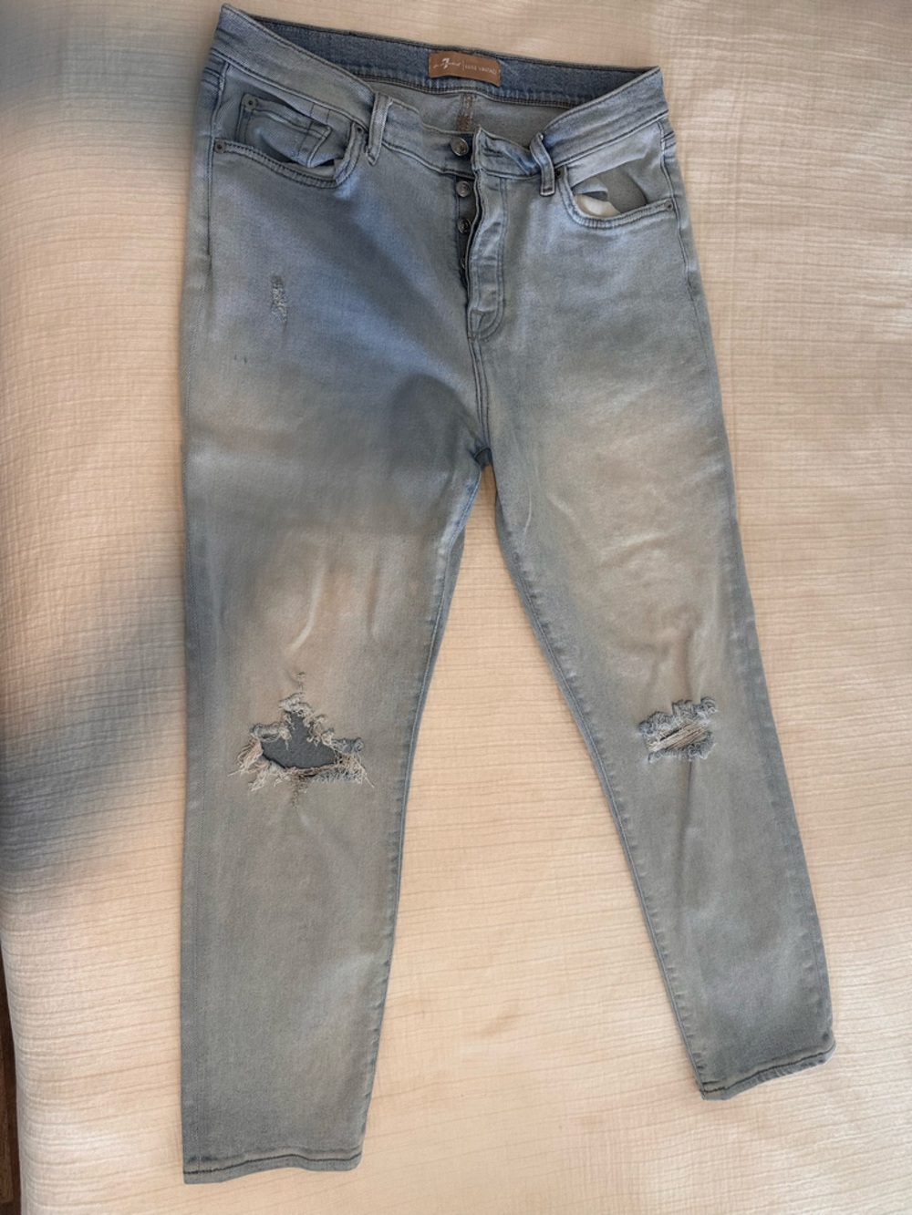 7 For All Mankind Light Gray Distressed Skinny Jeans